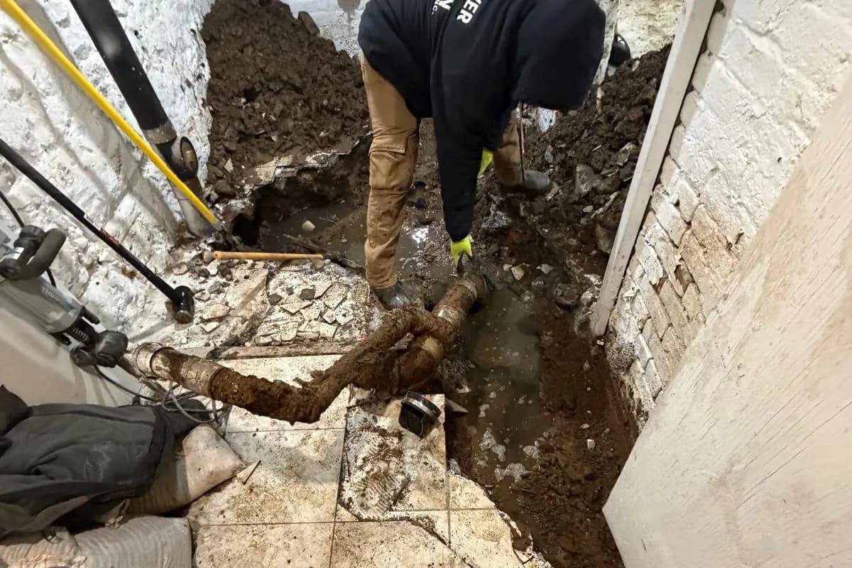 NY Sewer and Drain technician working on an exposed main sewer line in a Brooklyn basement, floor opened and pipe exposed
